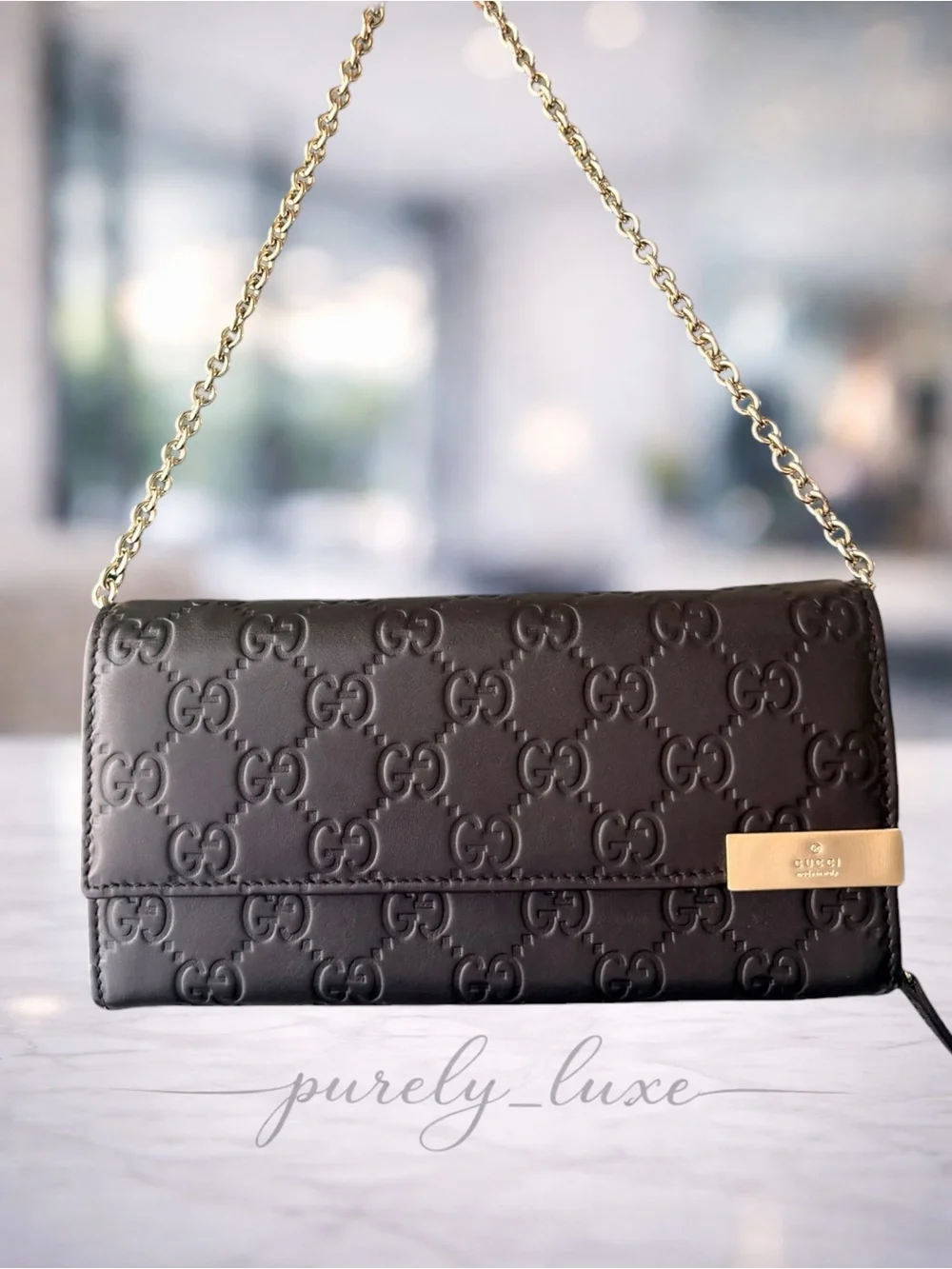 Authentic Gucci Chocolate Brown Embossed GG Leather Chain Clutch- FREE COA